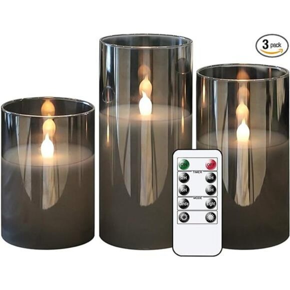 Flameless LED Candles Set of 3 Gray Glass Remote Timer Real Wax Home Decor - Picture 7 of 7